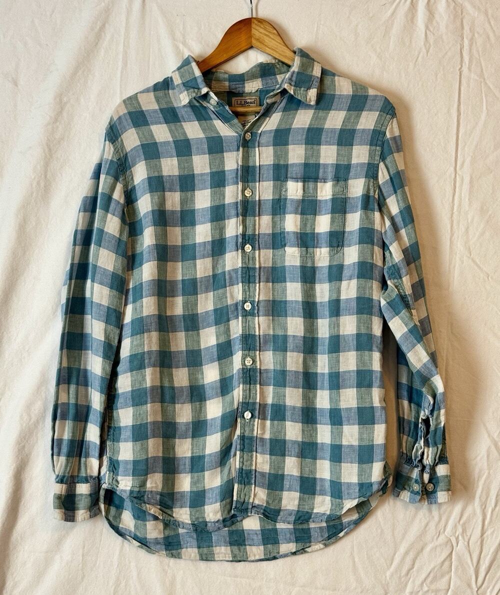 LL Bean Linen Shirt Men's M Blue Plaid Long Sleeve Slightly Fitted Breathable